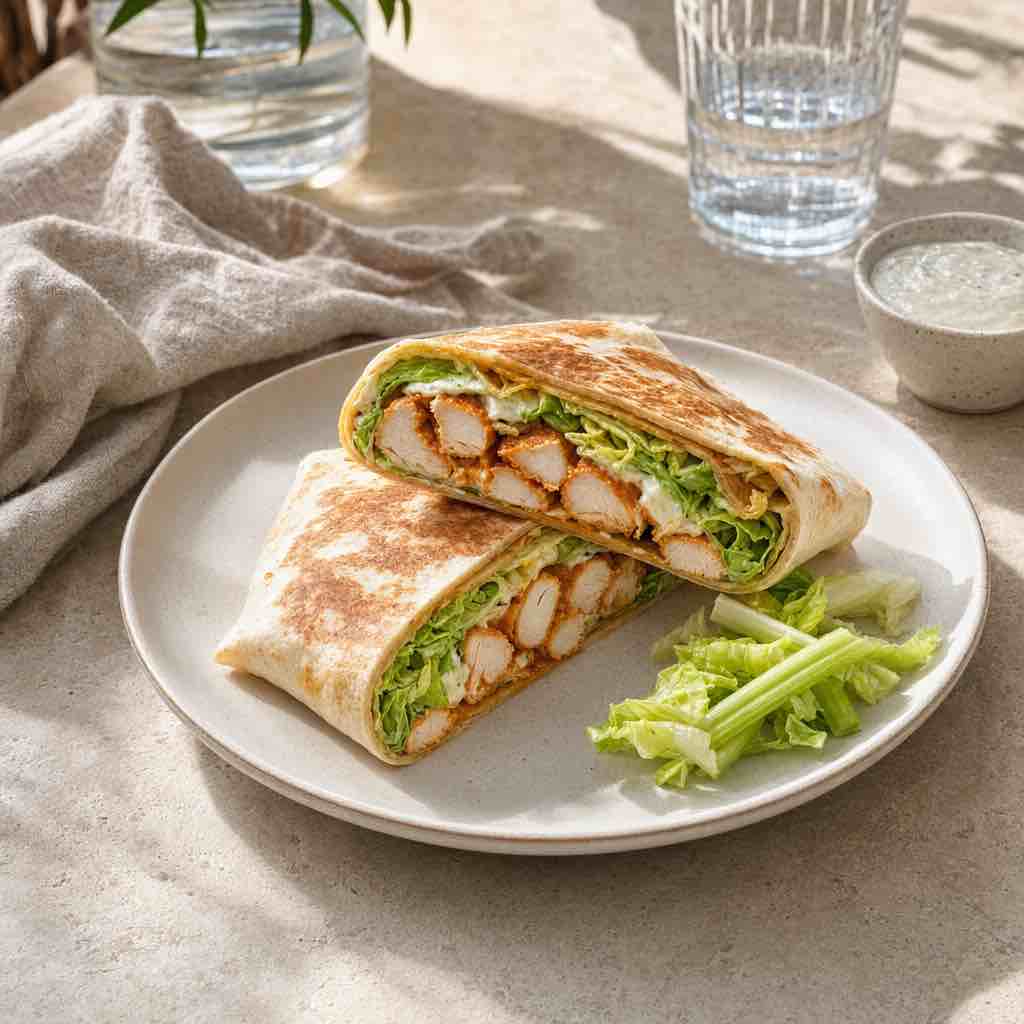 A buffalo chicken wrap with crisp lettuce